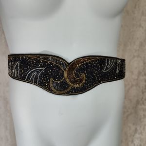 Vintage Black Belt Gold & Silver Beaded See Measurements